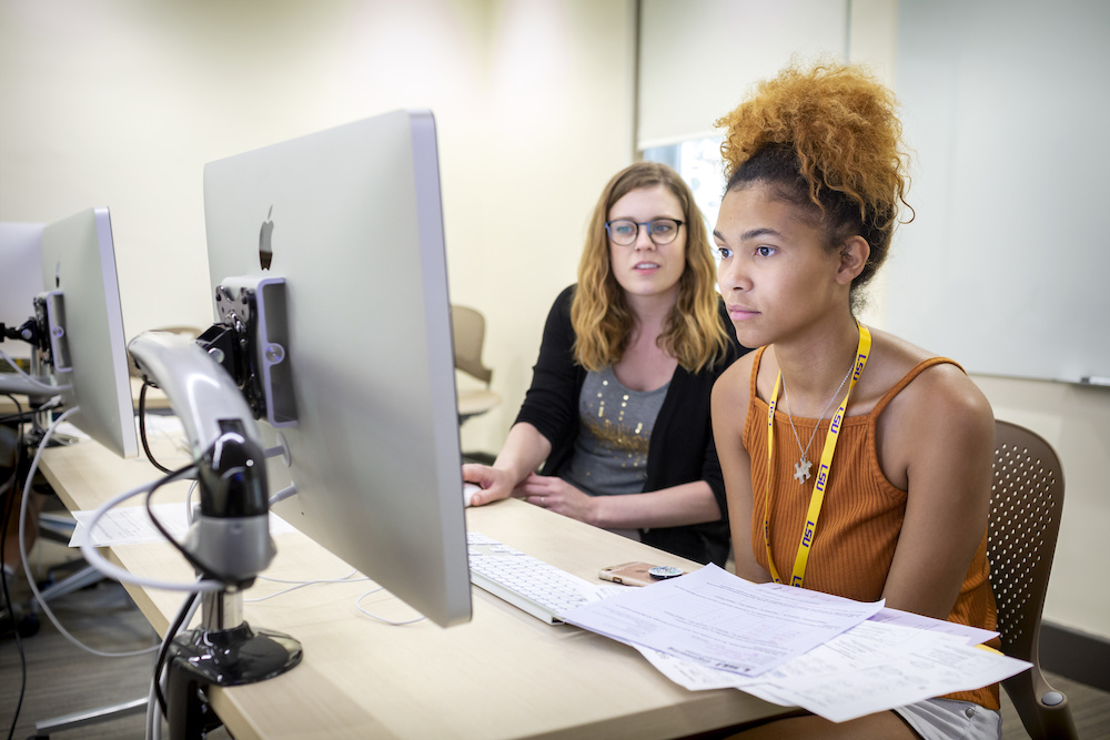 student at computer with faculty member