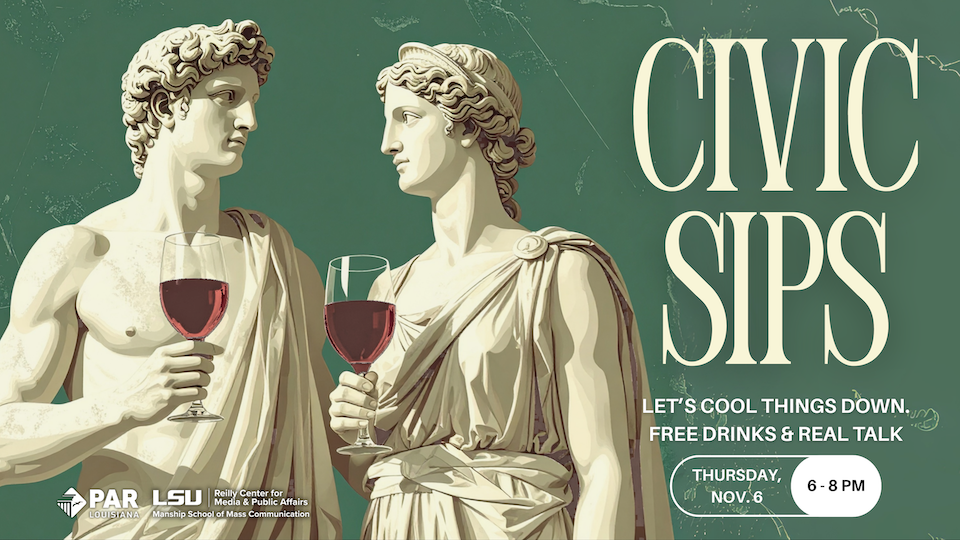 Civic Sips Flyer Promotional art with two statues