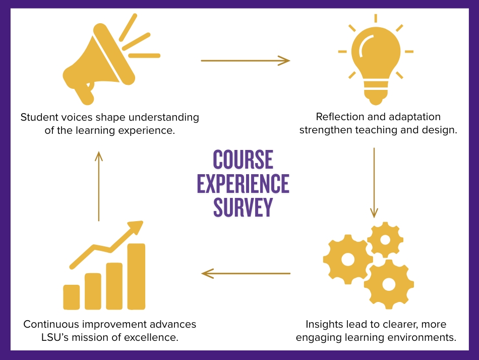 Cycle showing how student feedback drives reflection, improves learning environments, and supports continuous improvement at LSU.